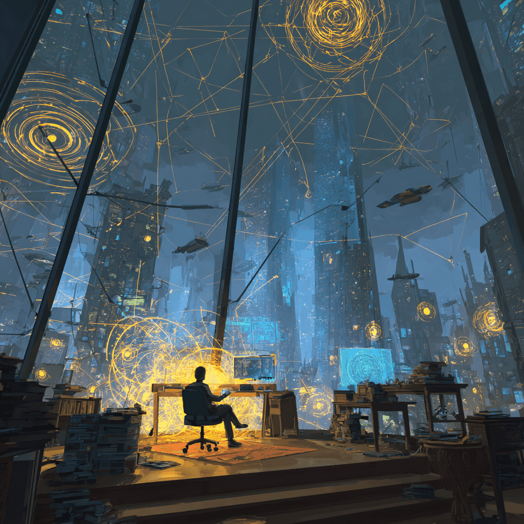 A stunning futuristic office environment high above the city, surrounded by glass walls revealing a skyline of floating skyscrapers and flying cars zipping across colorful, energy-filled skies. Inside, holographic time-management dashboards, glowing energy orbs, and pulsing sparks of color trace invisible productivity pathways across the room. One workstation radiates with vibrant energy glowing golden with precise light patterns and rhythmic pulses, symbolizing consistency, clarity, and perfect time-energy alignment. Surrounding desks are dimly lit, cluttered, and cast in dull blues and greys subtle signs of burnout and mental fatigue. The room feels like an AI-augmented flow chamber: quiet, powerful, rhythmic. No central figure dominates the frame instead, the scene itself tells the story of unstoppable consistency vs energy decay. Realistic lighting, cinematic texture, sparks and color gradients showing neural activation.