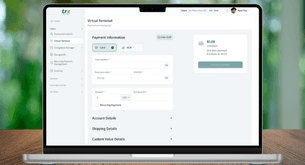 A laptop sitting on a desk shows the TRX Virtual Terminal on the screen.