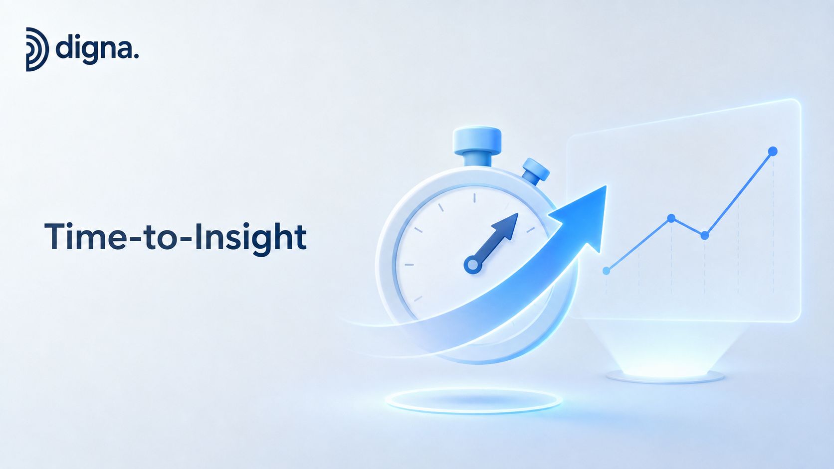 A 3D graphic featuring a stopwatch and an upward trending chart representing fast business data insights.