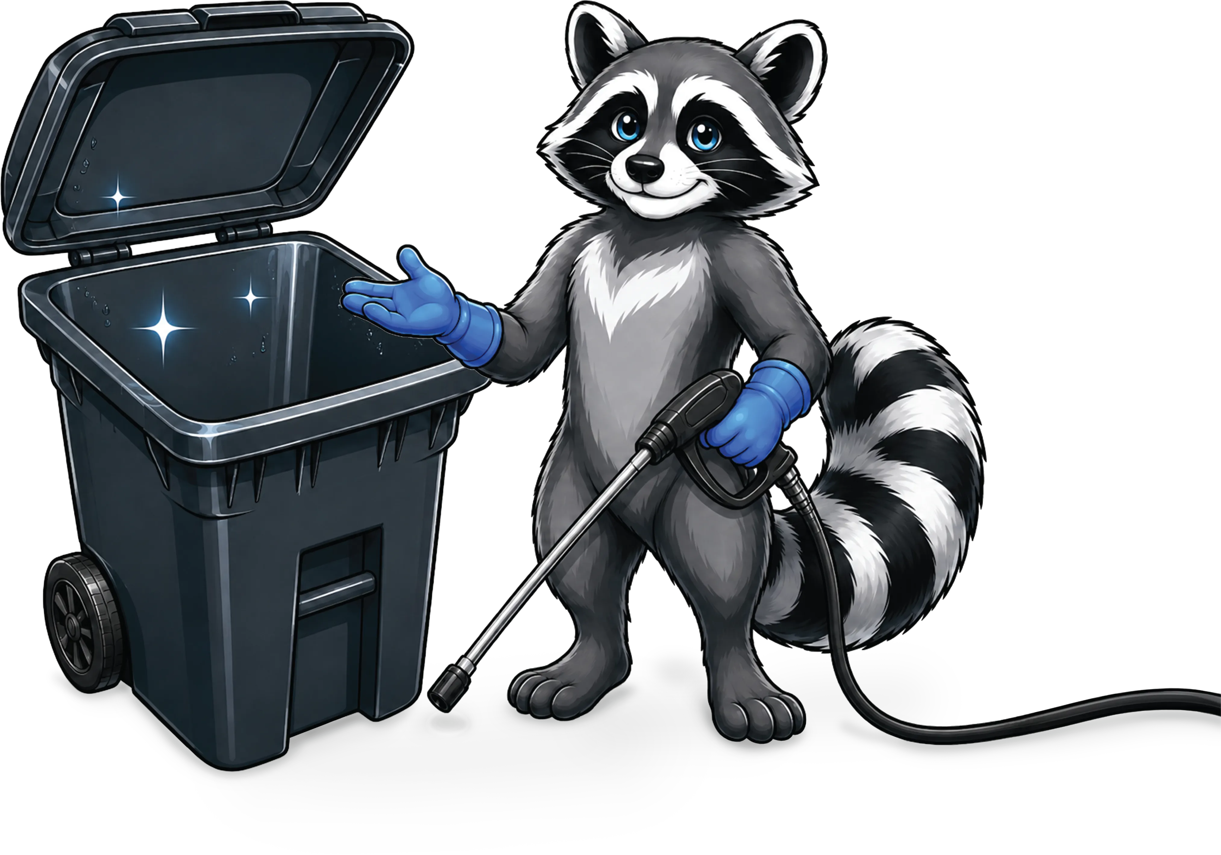 Mascotte Raton Laveur présentant un bac à déchets propre et désinfecté après son nettoyage.