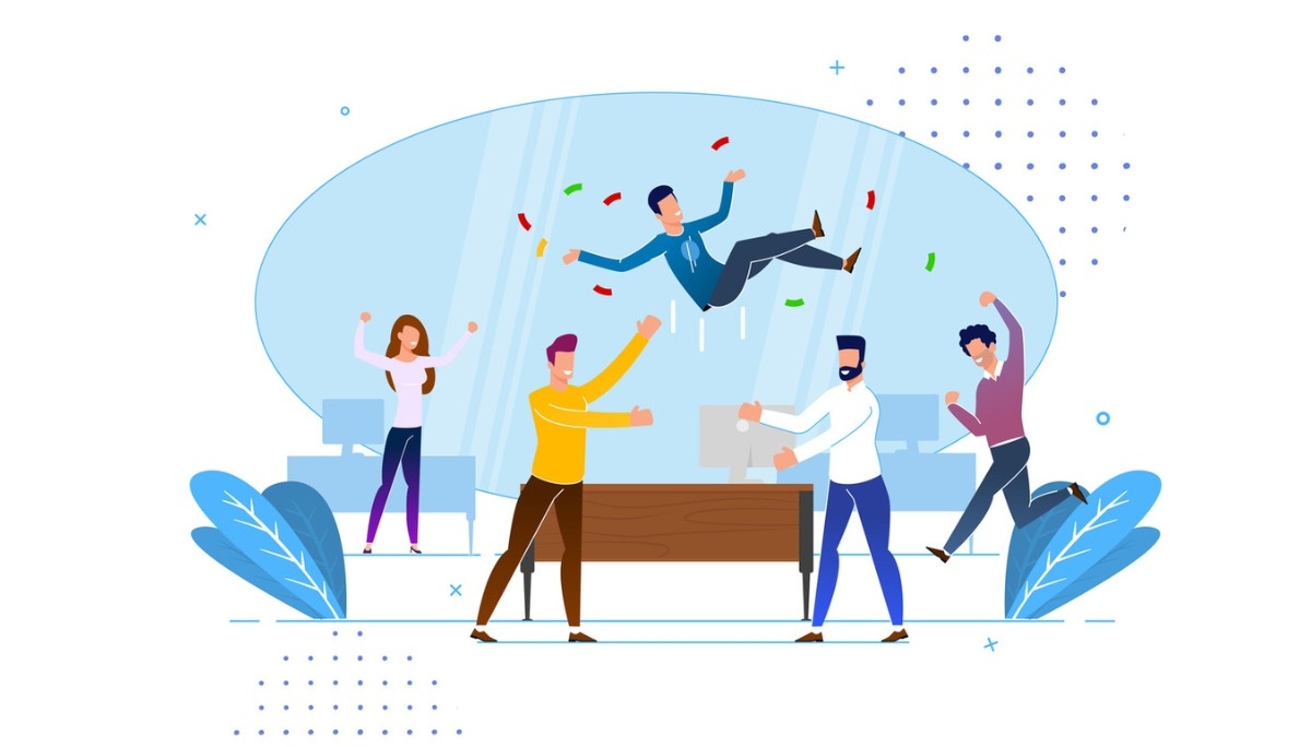 Illustration of office workers joyfully lifting a teammate into the air amid confetti and cheers—symbolizing the humor, camaraderie, and celebratory spirit behind funny work anniversary memes and surviving another year at the office.