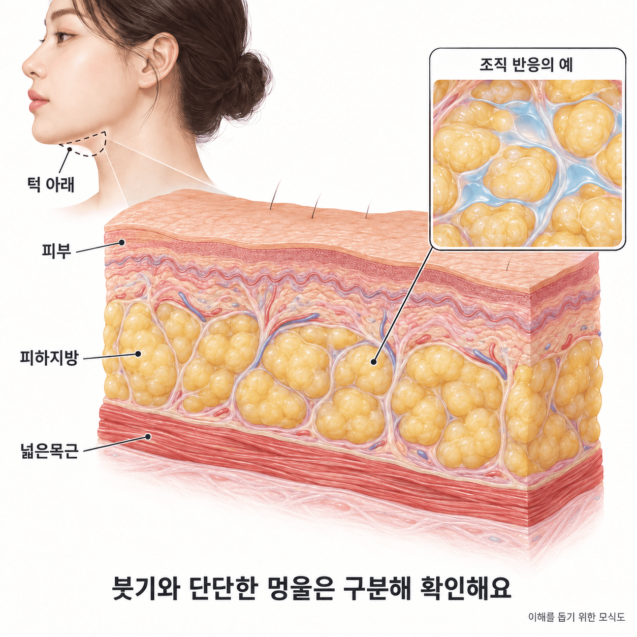 턱 아래 피부·피하지방·넓은목근과 조직 반응을 구분하는 모식도