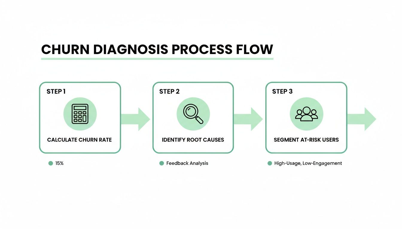 Flowchart outlining a three-step churn diagnosis process: calculate churn rate, identify root causes, and segment at-risk users.