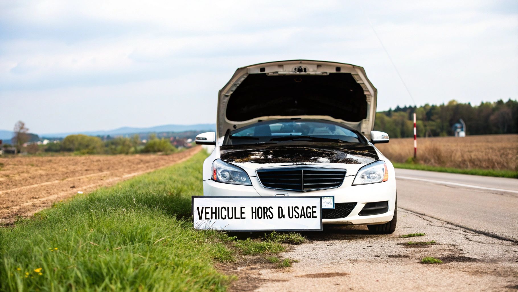 Une voiture blanche accidentée avec le capot ouvert, garée sur le bord d'une route rurale, avec une pancarte 