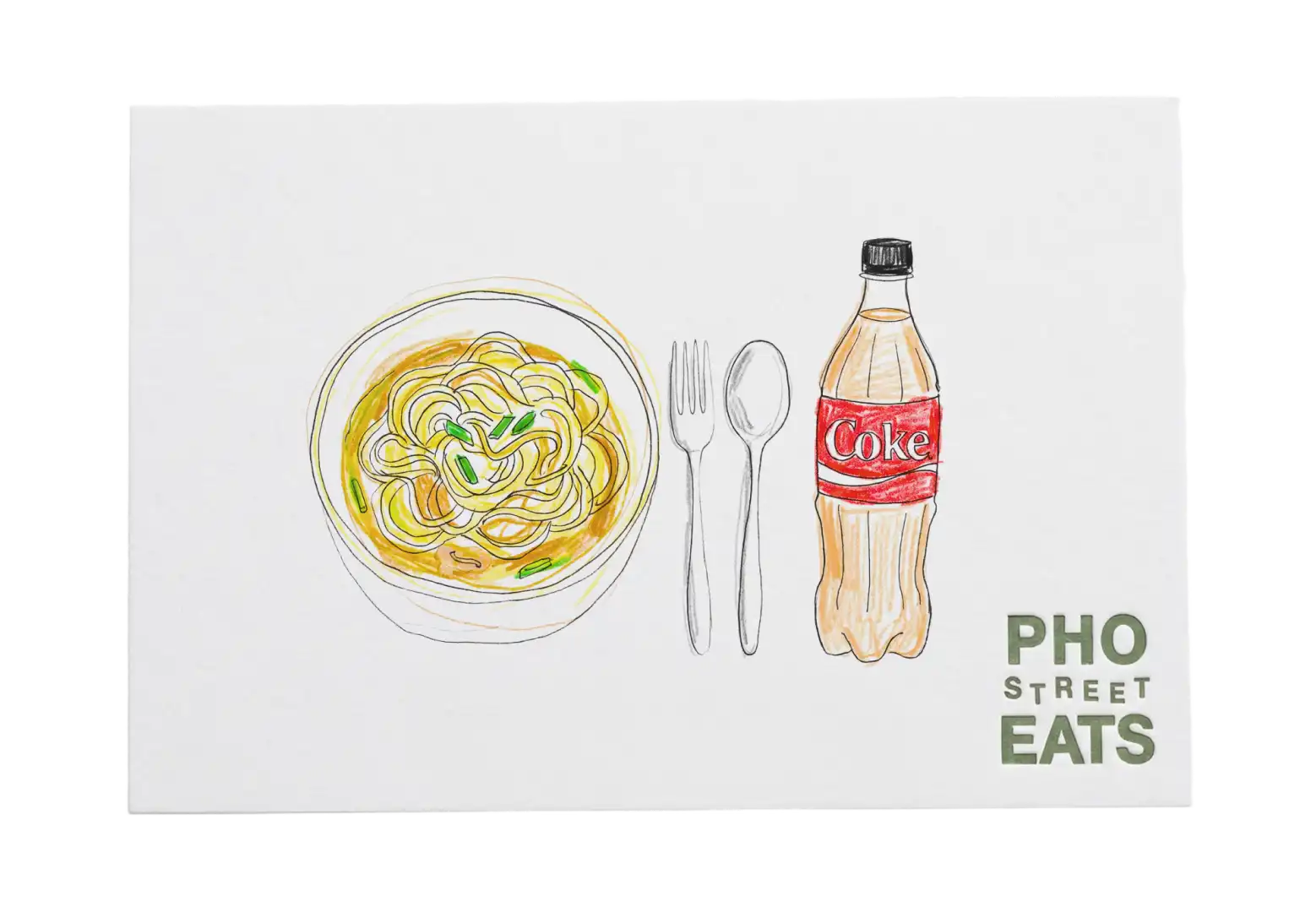 Pho Street Eats card illustrated with a bowl of noodles, cutlery and a bottle of Coke.