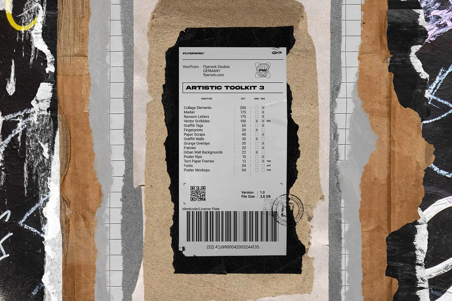 Artistic Toolkit 3 asset list preview showing collage elements fonts and textures