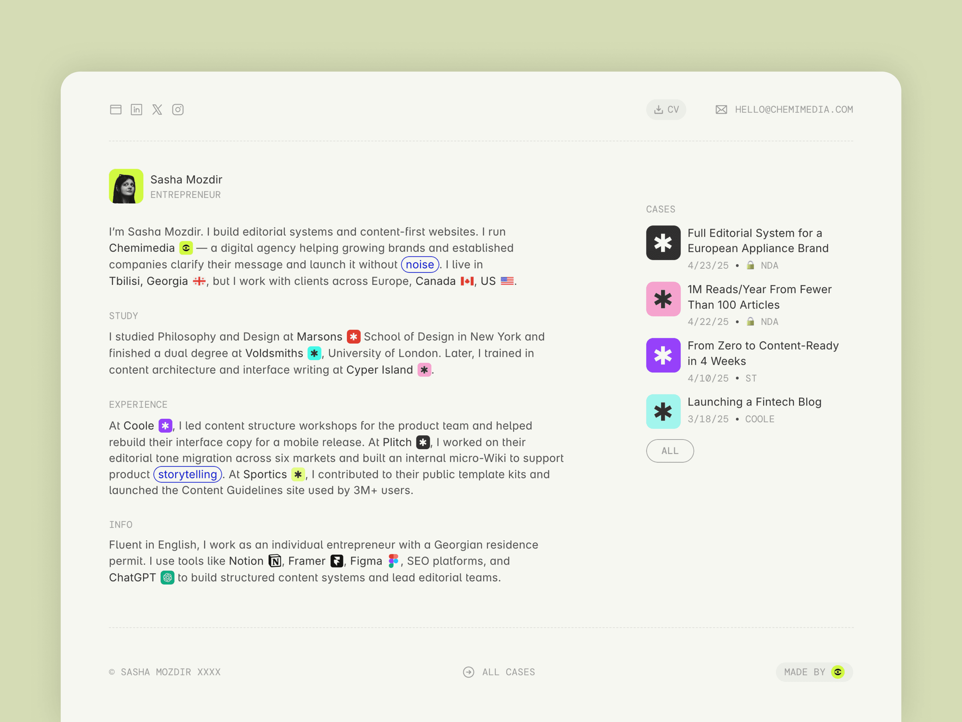 OutlineCV is a structured resume Framer template