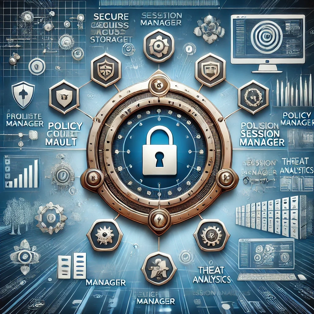 An image illustrating CyberArk's architecture for Privileged Access Management (PAM). The image features a central digital vault icon representing secure credential storage, surrounded by various components such as session management, policy control, threat analytics, and access storage tools. This design highlights the comprehensive nature of CyberArk's architecture, focusing on secure and integrated management of privileged access across an organization's IT environment.