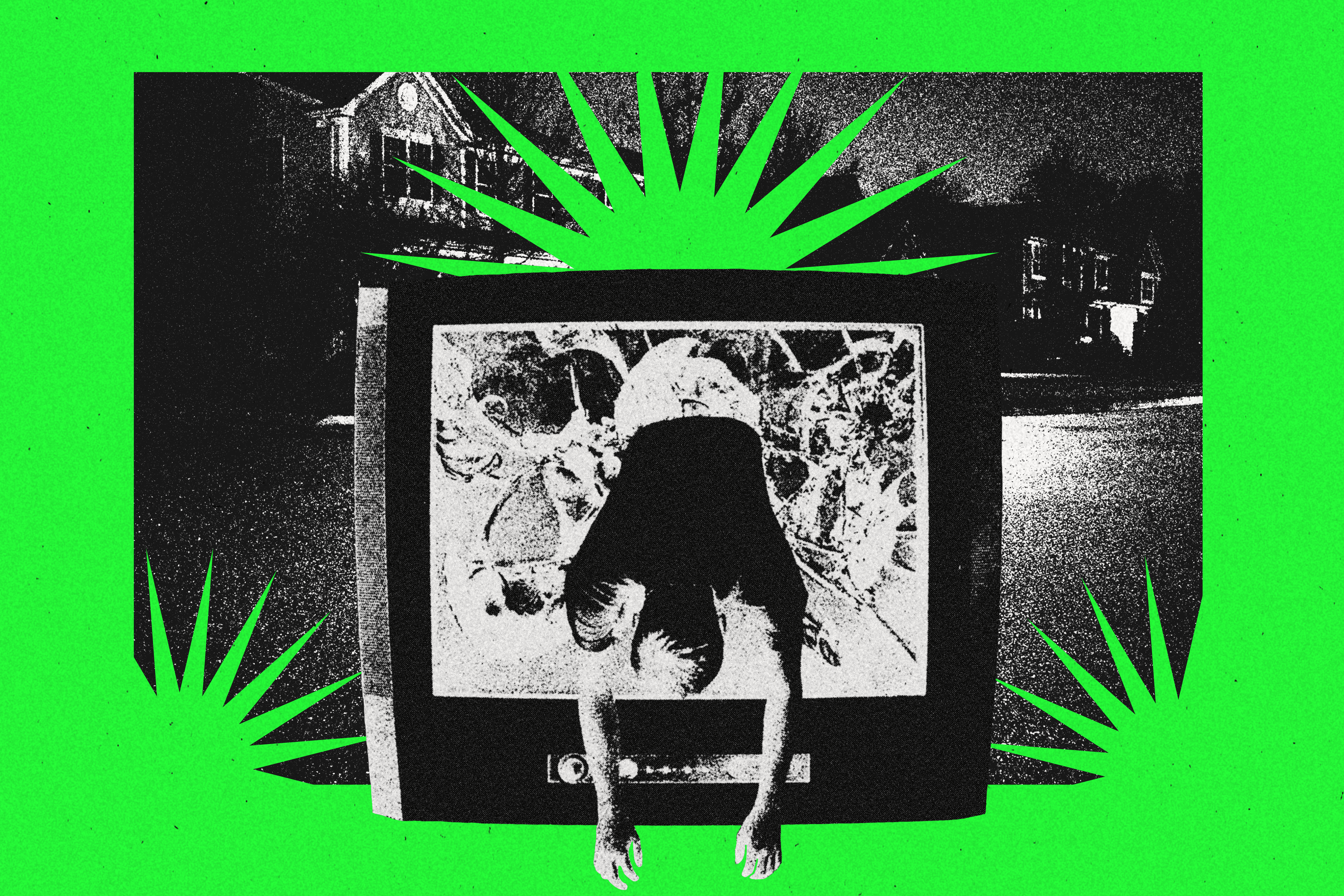 Highly stylized image of man crashing out of broken tv, neon green background