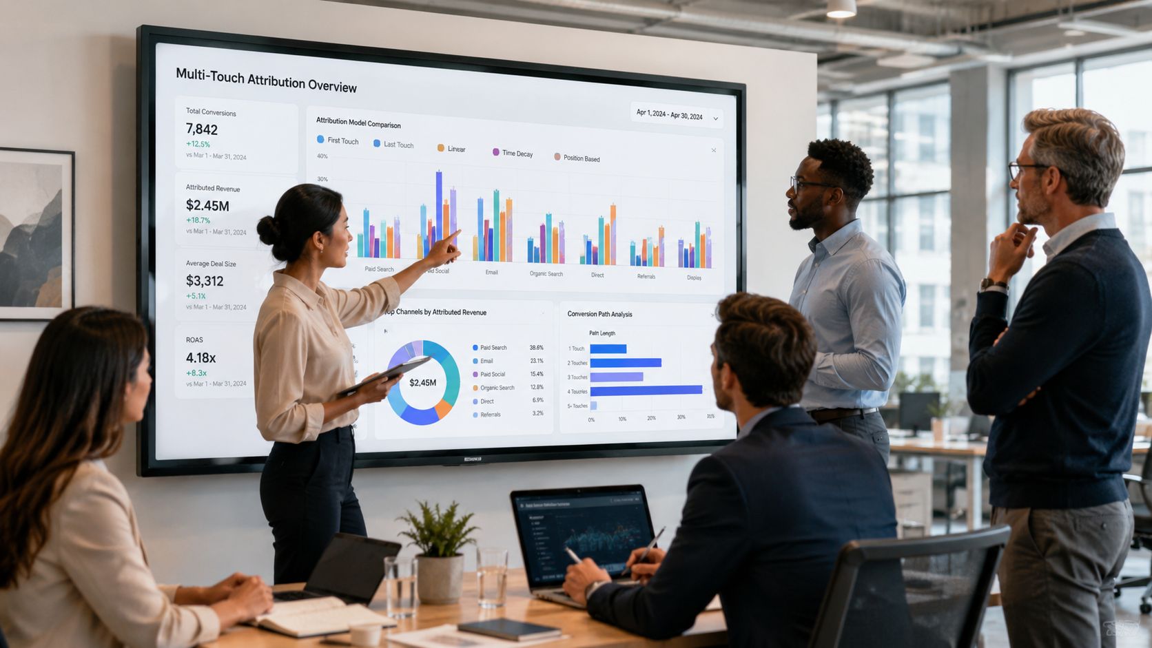 A professional team discussing a multi-touch attribution data dashboard on a large conference room screen.