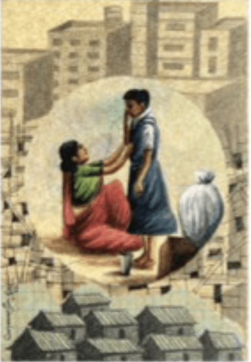 herd of sheep on road painting