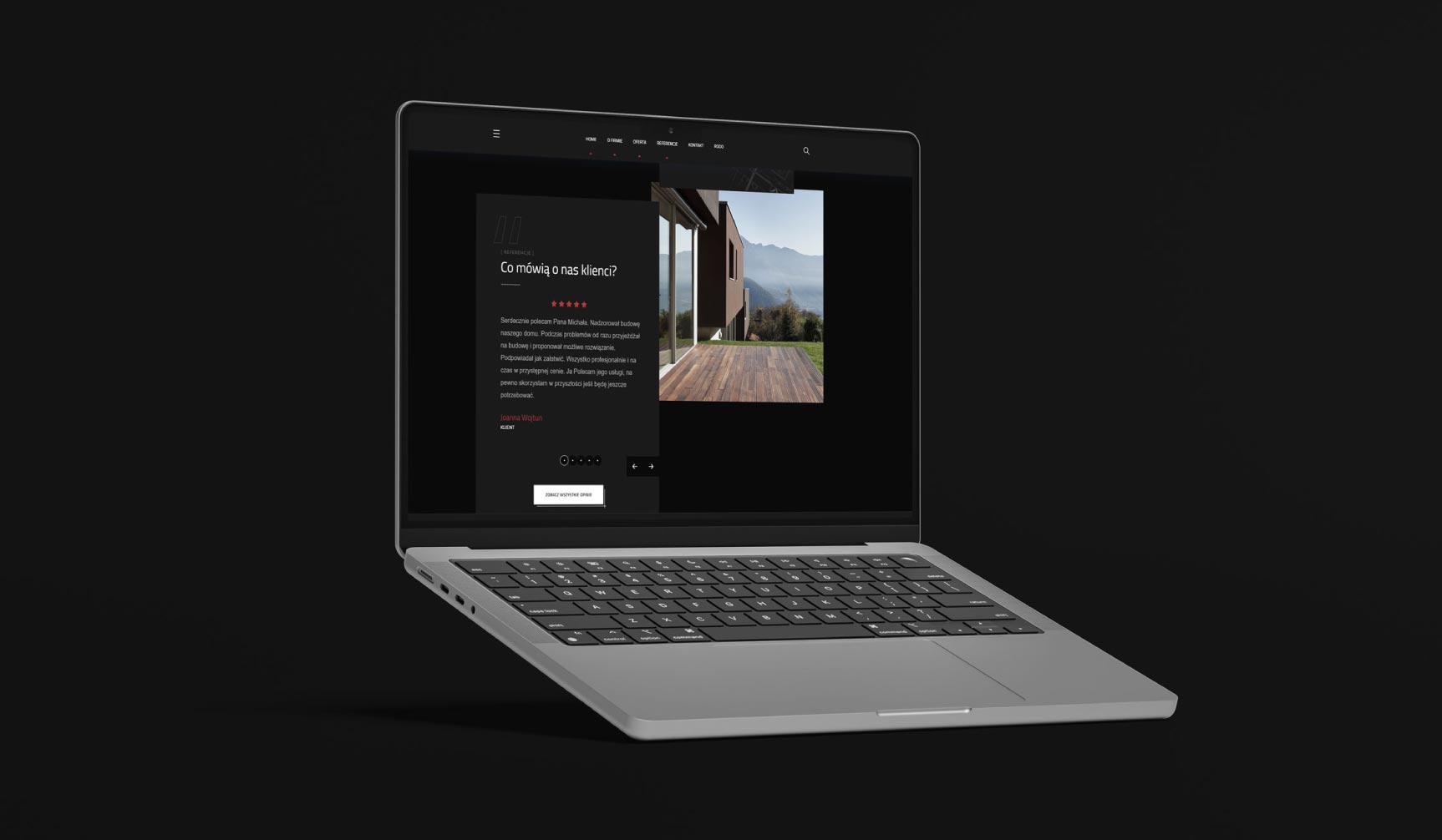 Prezentacja podstrony "O nas" w ciemnej kolorystyce – nowoczesny UI Design dla firmy architektonicznej.