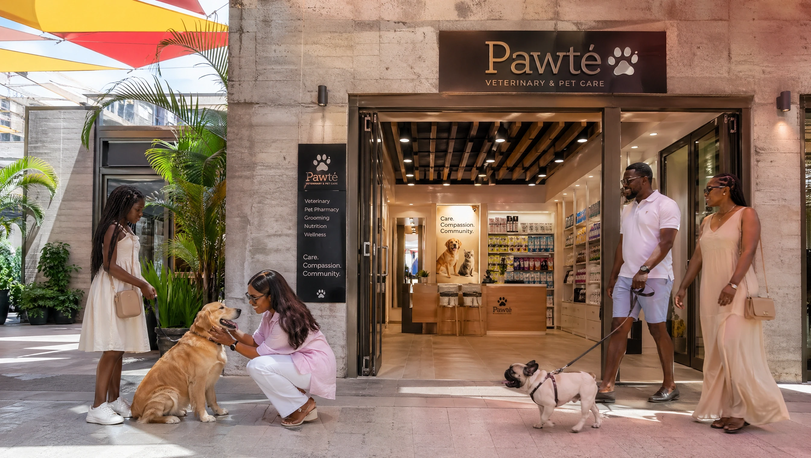 Pet owners and their dogs outside a veterinary and pet care storefront in a retail walkway.