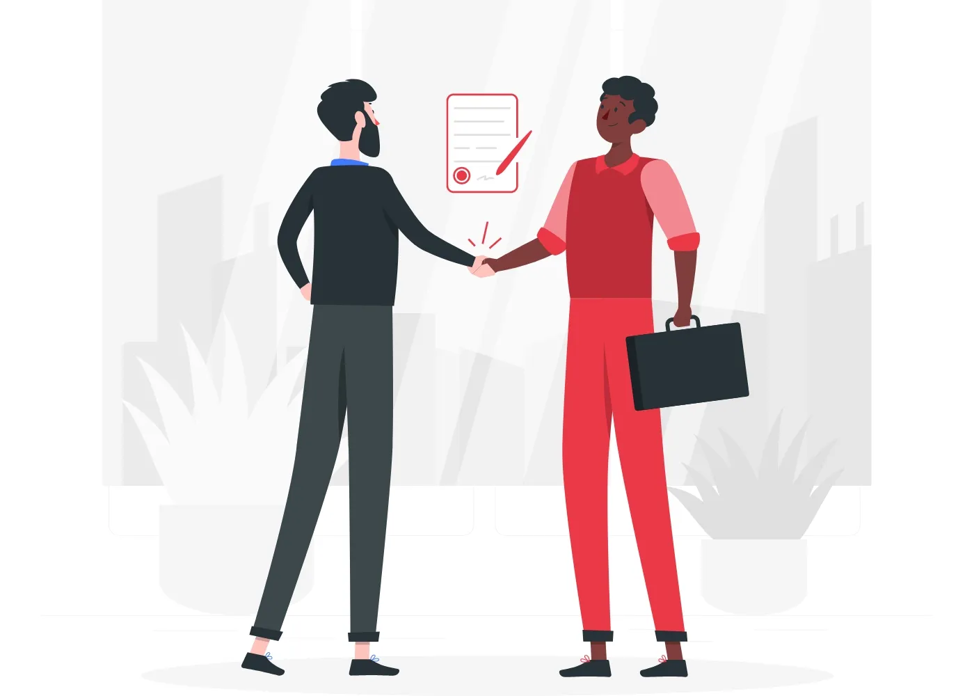 Illustration of two professionals shaking hands, symbolizing a business agreement or partnership