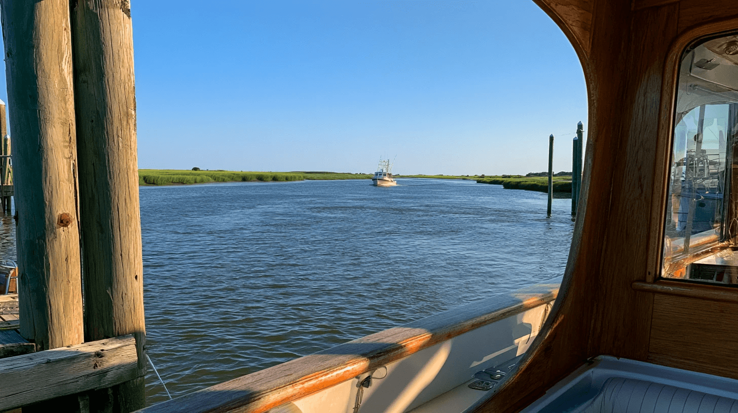 View from a boat’s cockpit through the window, past weathered dock pilings to a marsh-lined channel with a small fishing boat running out toward open water
