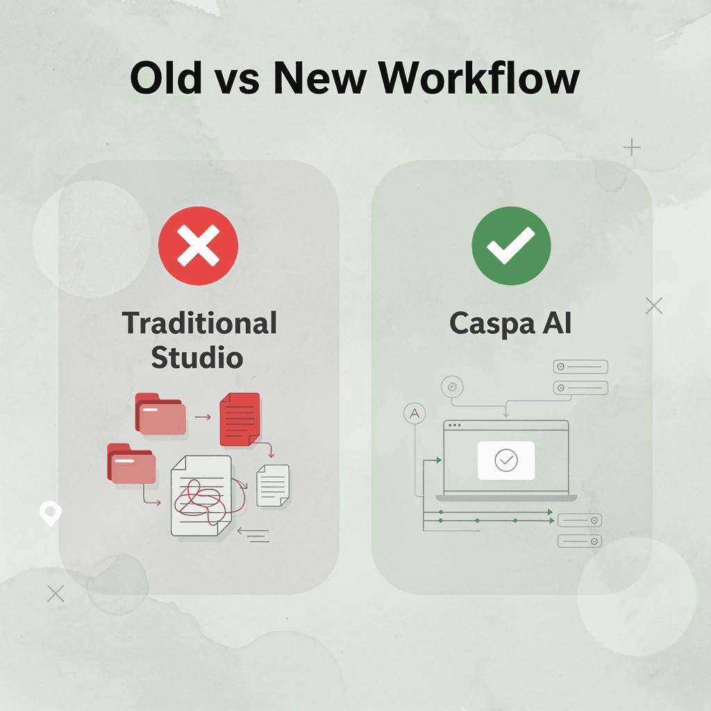 Before and after infographic comparing traditional photography workflow to Caspa AI