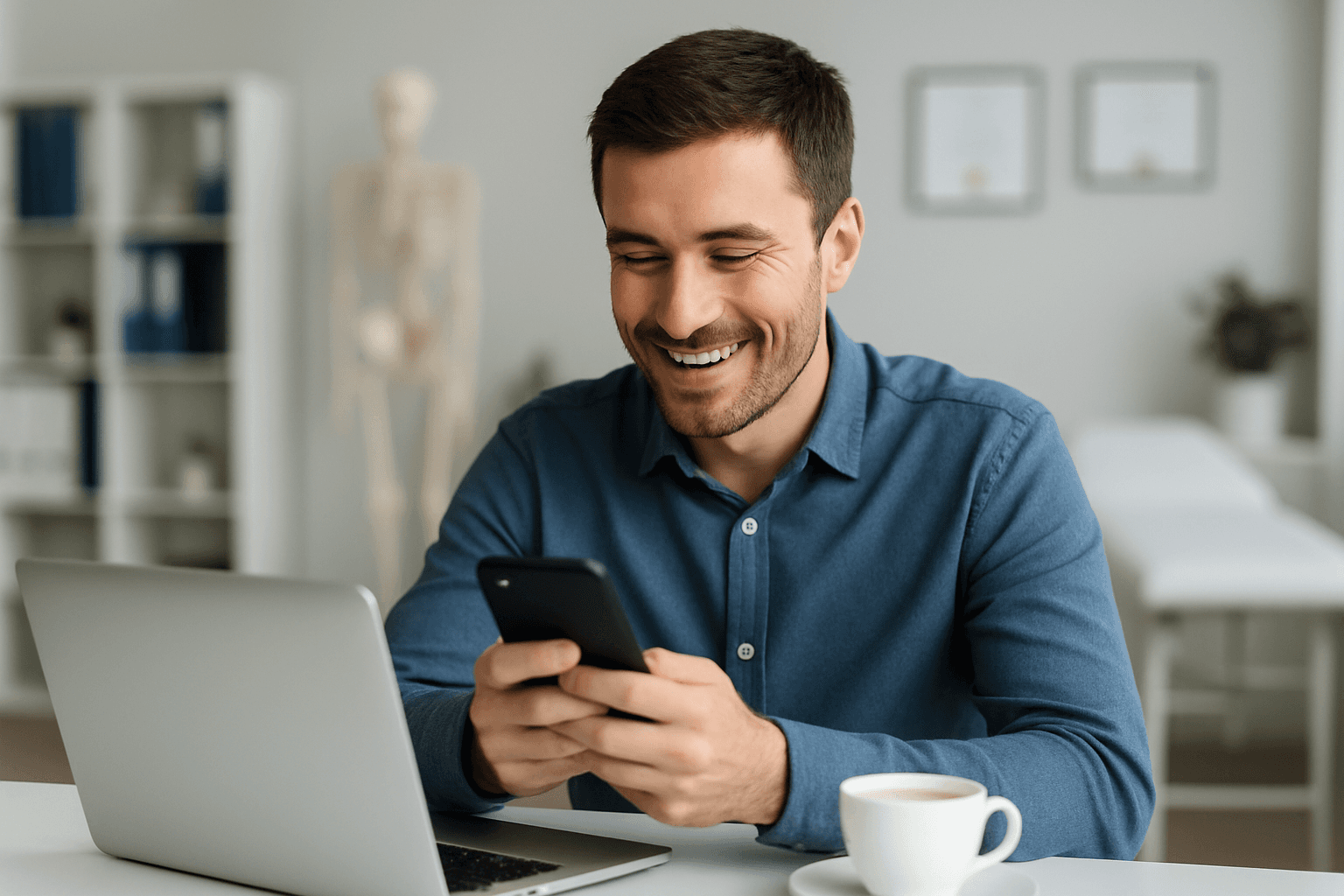 Imagem de homem branco com cabelo baixo e penteado sorrindo olhando para o celular e o segurando com as duas mãos.