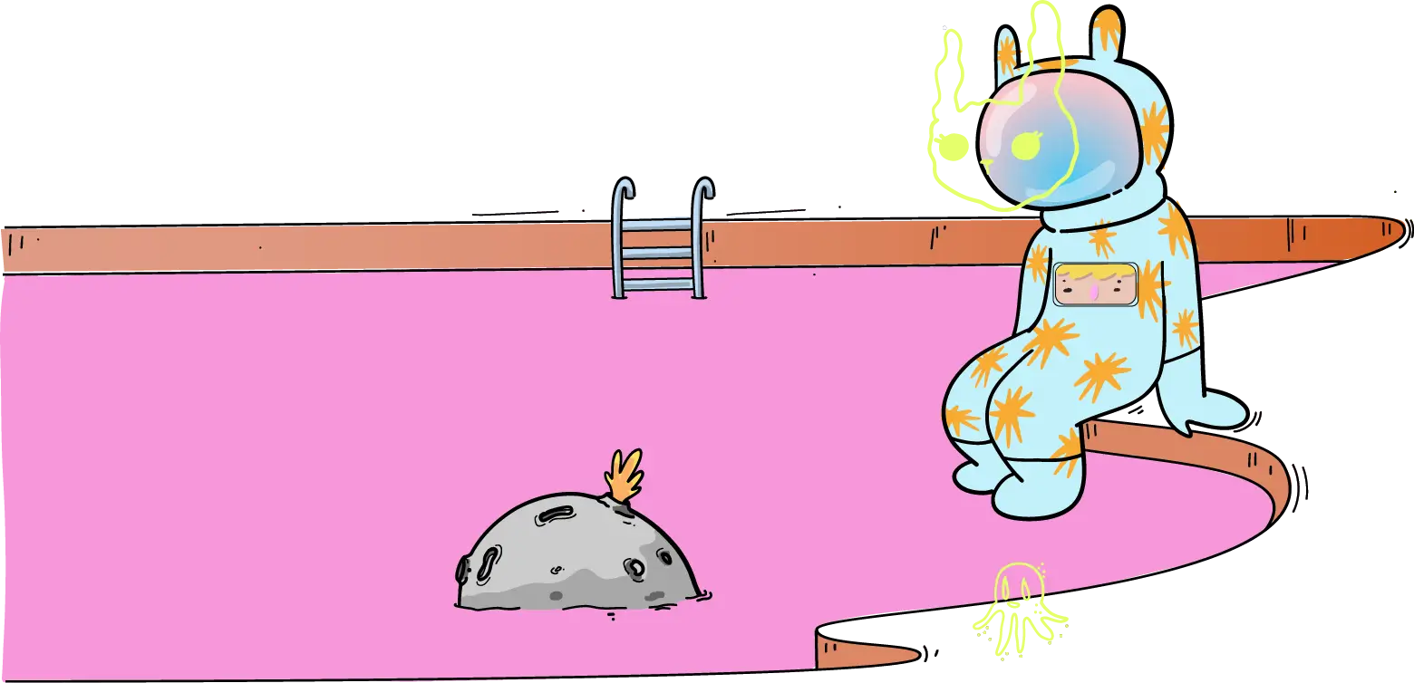 a spaceman sitting next to a pink pool