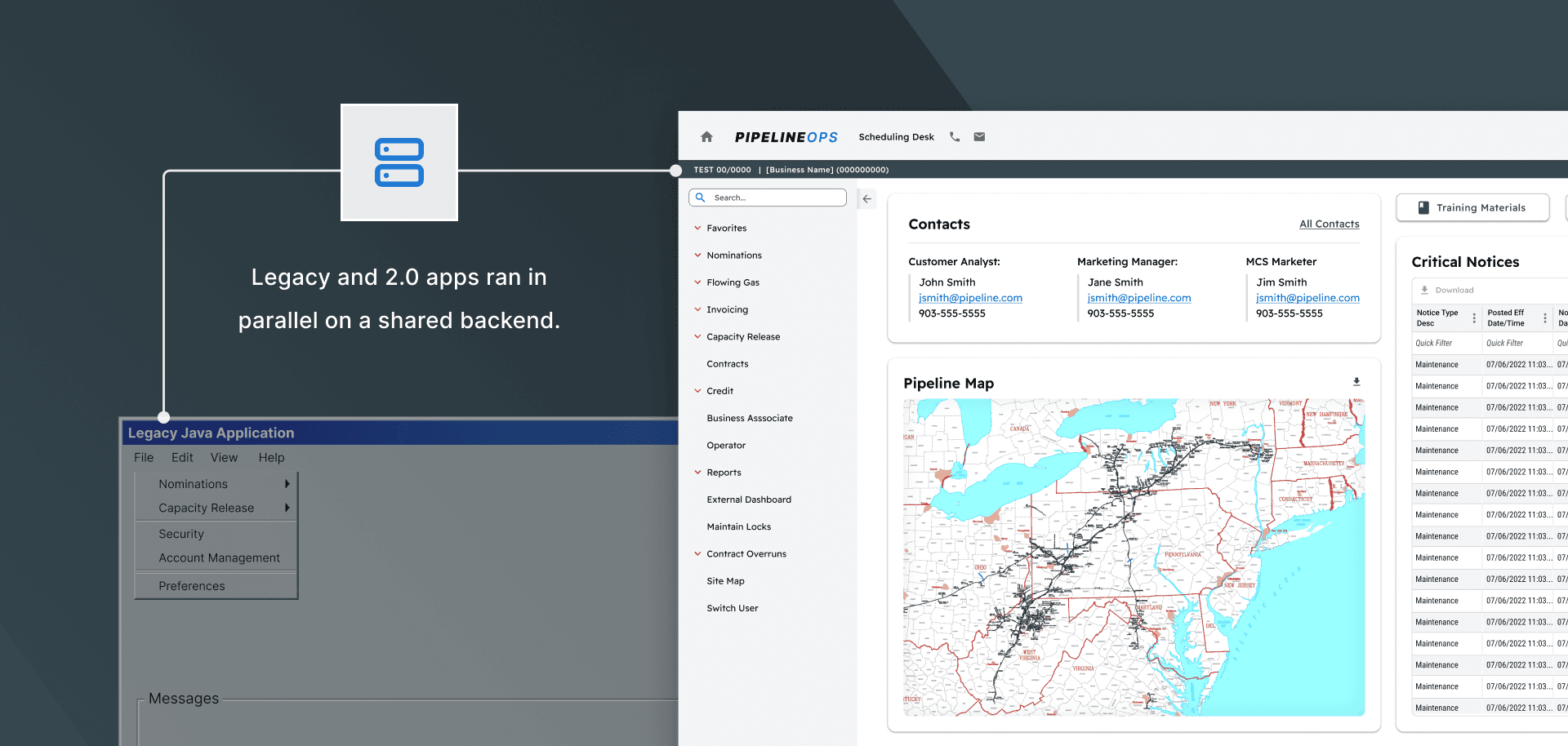 Legacy and 2.0 apps ran in parallel on a shared backend.
