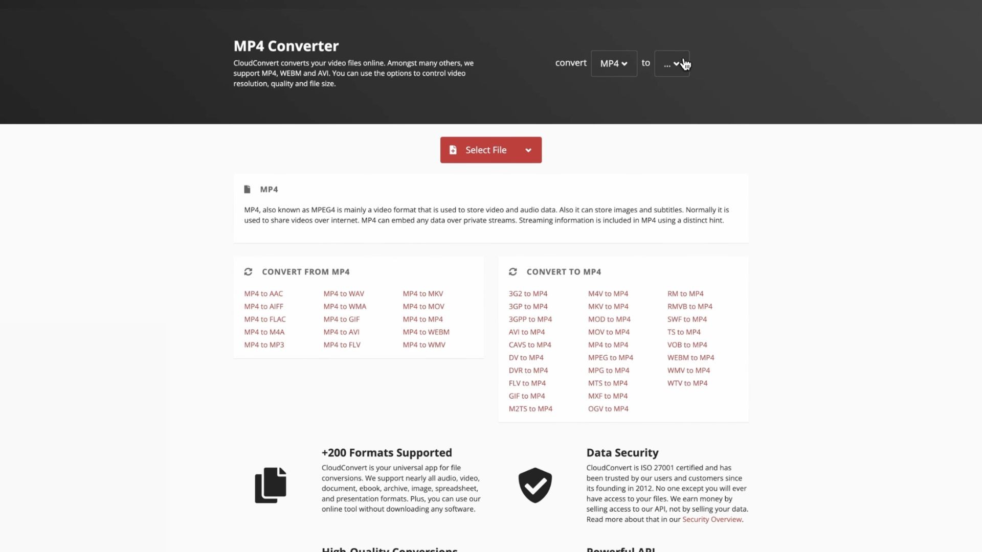 Web page interface for MP4 Converter on CloudConvert, featuring options to convert MP4 to various formats and vice versa, along with information on format support, data security, and high-quality conversions