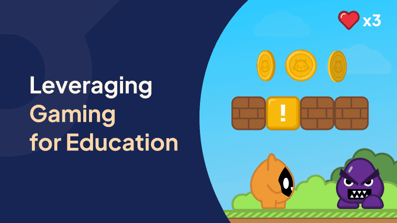 A classic platformer game, with the text "Leveraging Gaming for Education" to the left