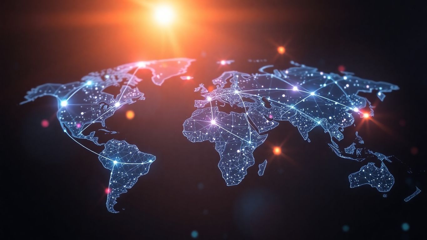 Global map with digital pathways and AI algorithms.