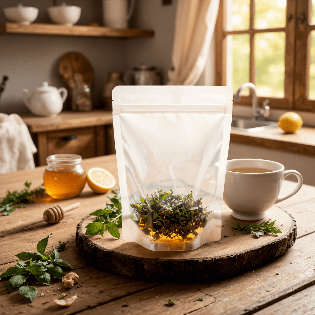 product photography of a bag of herbal tea with a tea bag