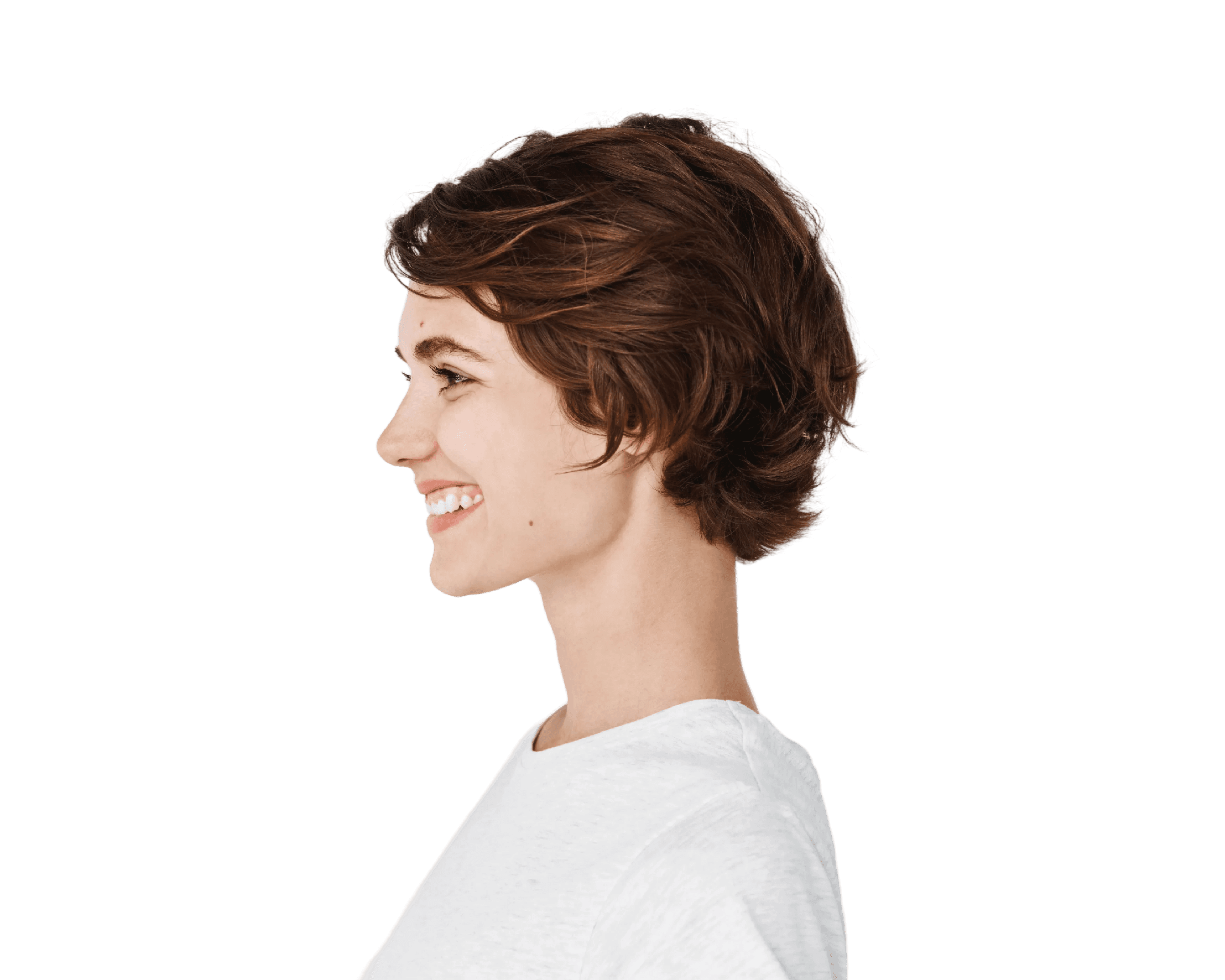 Smiling woman in profile with a happy expression.