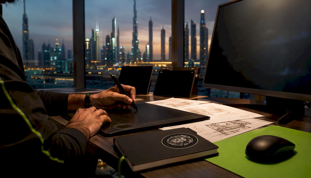 Hands using 3D modeling tools at desk with Dubai view