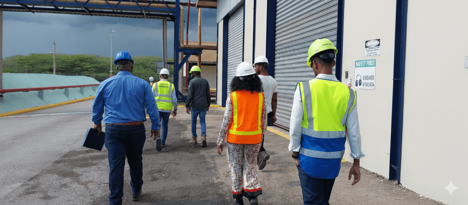 A man in a brown blazer and a woman in a light sweater sit at a desk with a laptop, discussing something. The room is dimly lit, creating a focused atmosphere.