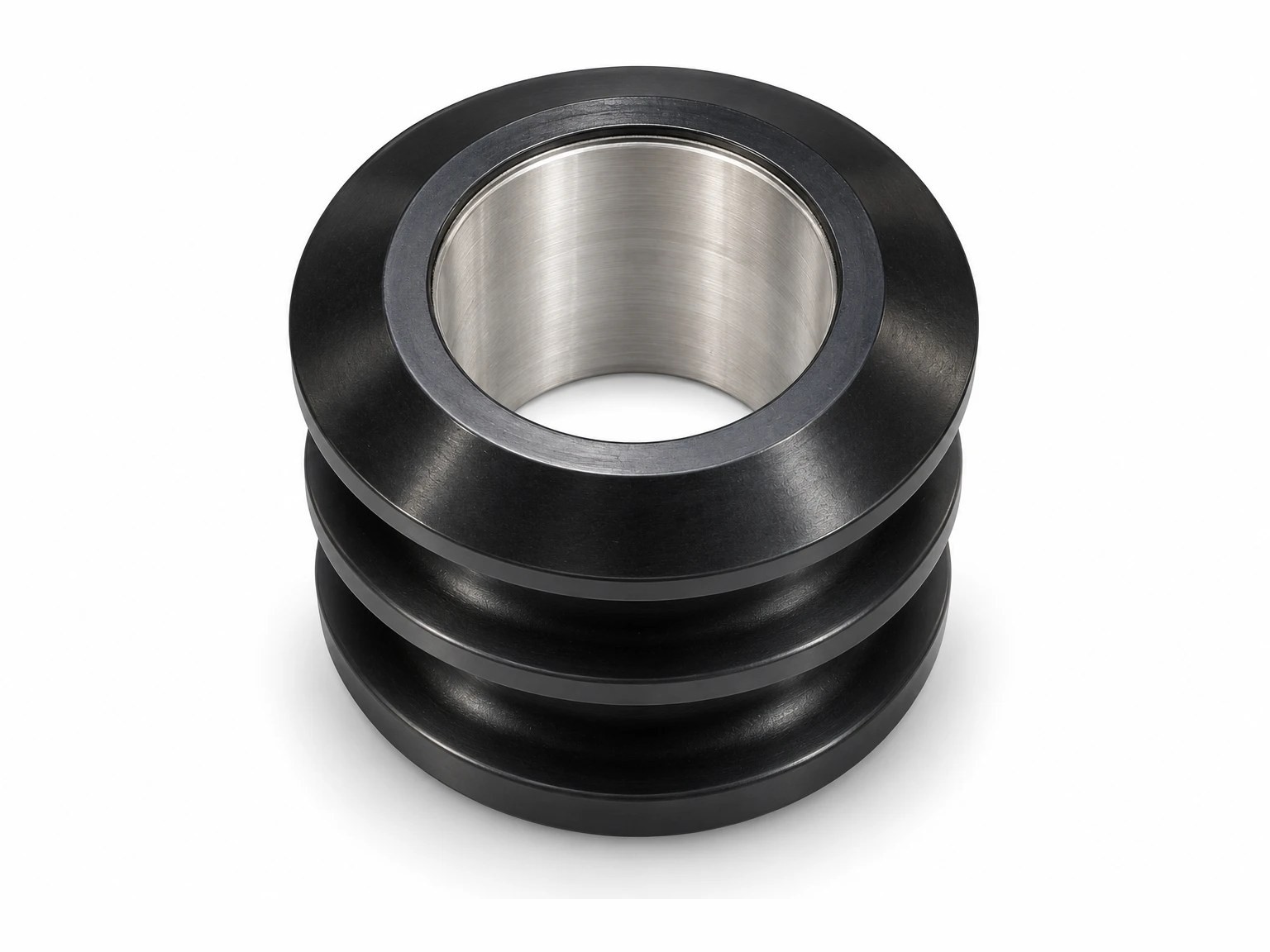Black rubber-to-metal part with a metal inner sleeve