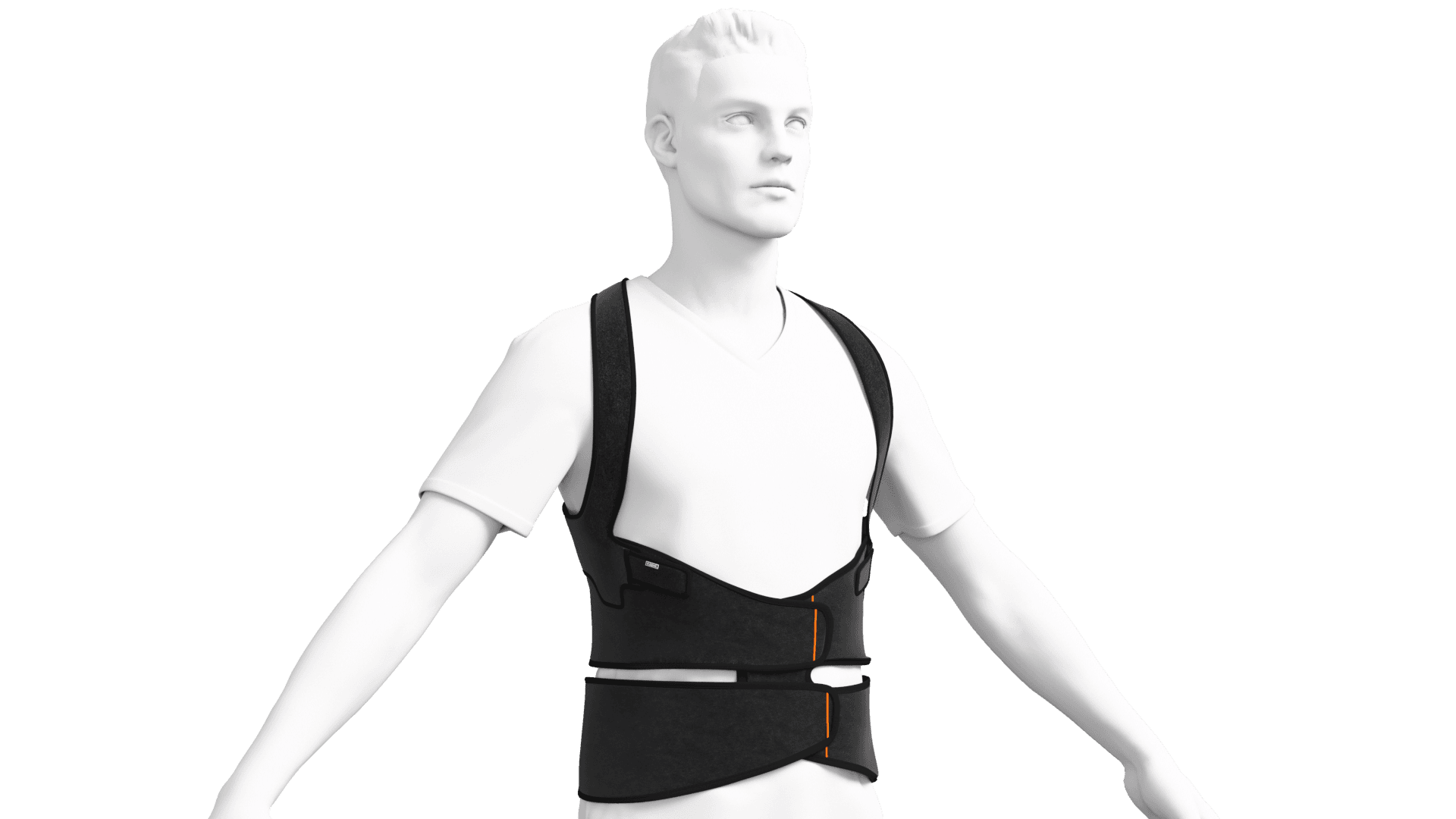 Front view of a black back support with adjustable straps and orange details, worn by a 3D mannequin on a black background