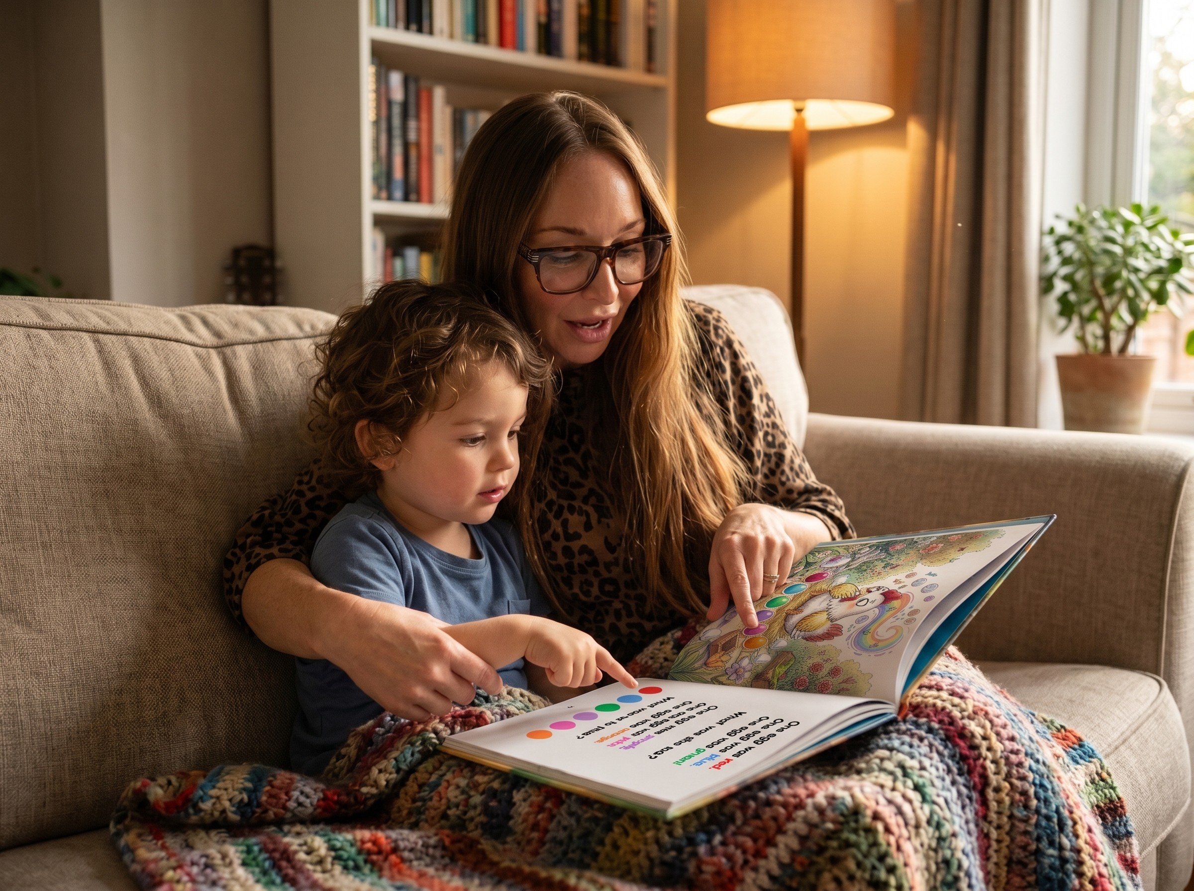 Woman reading a book to a young girl
