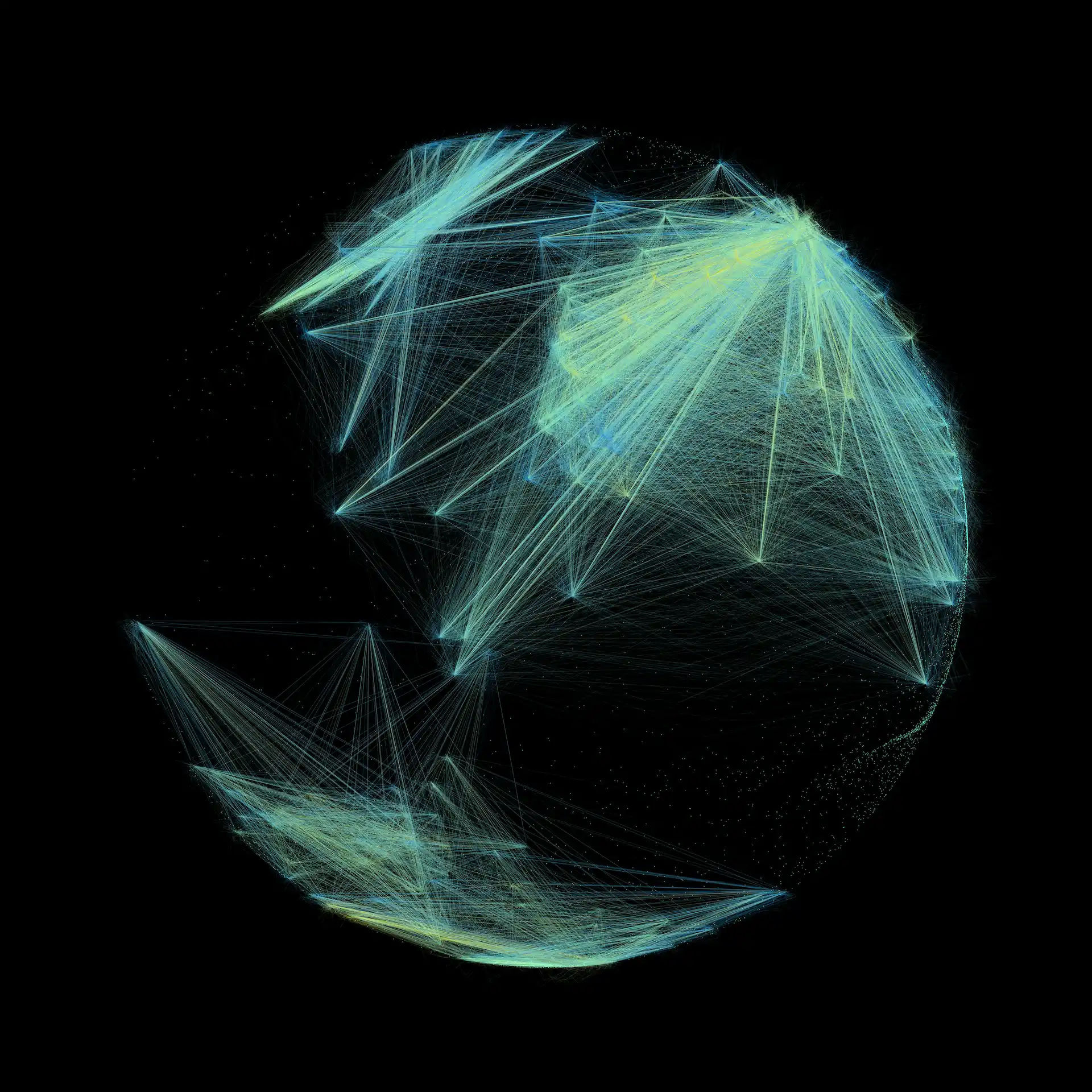 Abstract network visualization of interconnected data points forming a sphere, in blue and green tones on black background