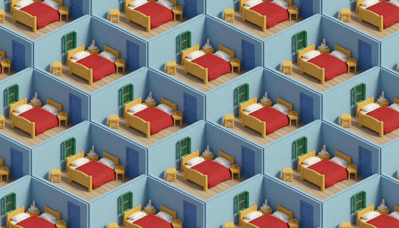 A seamless, repeating tessellating pattern of an isometric 3D render recreating Vincent van Gogh's 'Bedroom in Arles'. Each isometric cube is a detailed miniature diorama with light blue textured walls, a light wood floor, a yellow wooden bed with a vibrant red blanket, a small yellow chair, and a side table. The scene features a green open window and a blue closed door. Blender style, matte plastic materials with clay-like textures, soft global illumination, and even lighting.