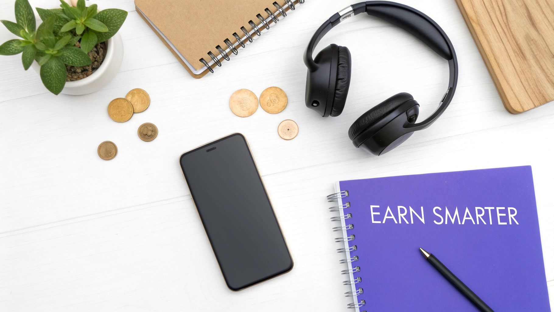 A flat lay workspace with a smartphone, headphones, coins, and a notebook reading 'EARN SMARTER'.