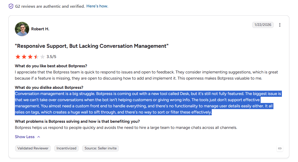 Botpress testimonial