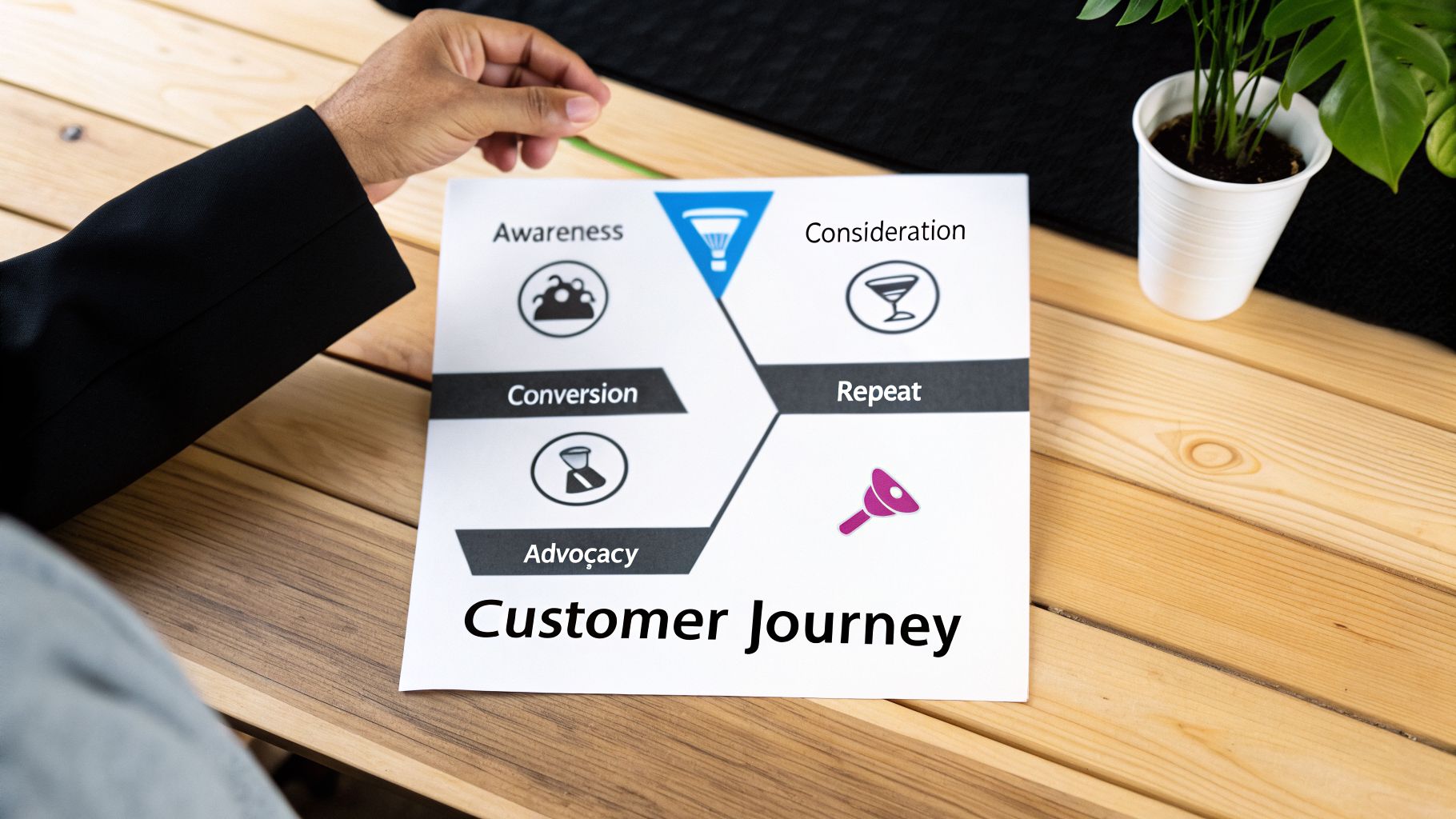 A person's hand holding a customer journey map on a wooden table, showing marketing funnel stages.