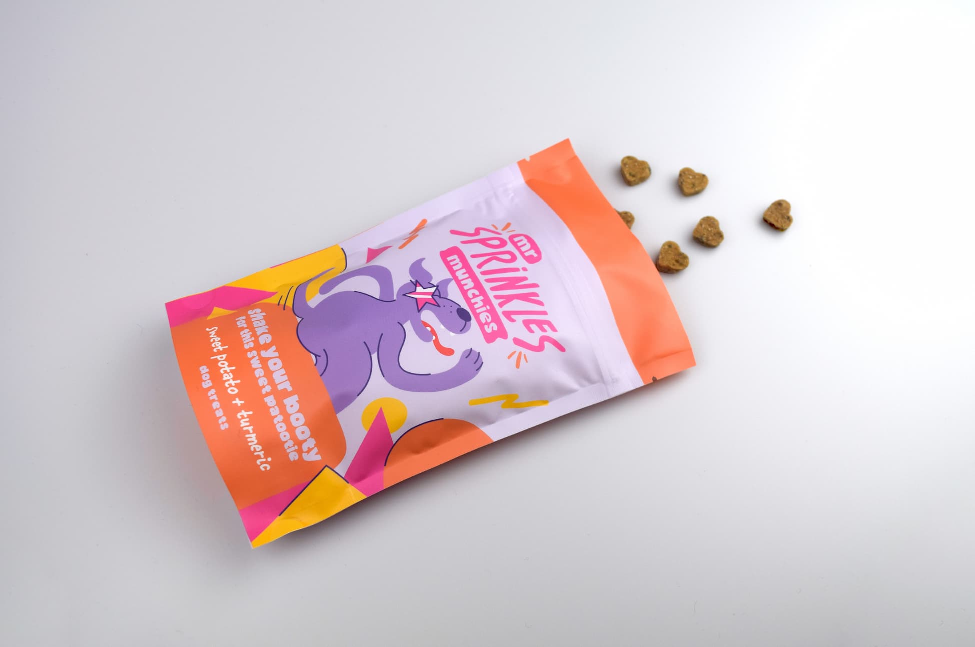 Photo shot of packaging showing dog treats- sweet potato & turmeric