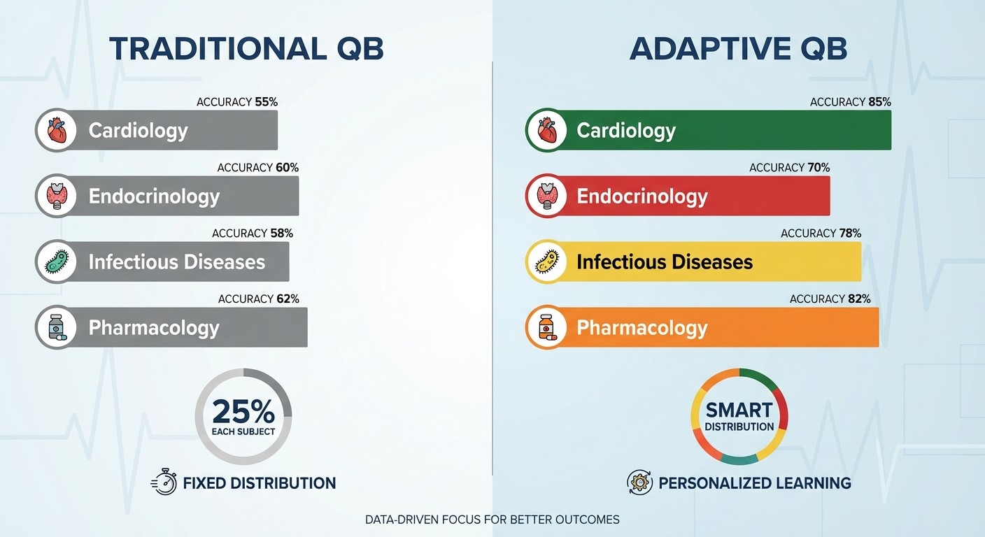 Comparison showing how adaptive question banks distribute practice based on performance vs traditional equal distribution