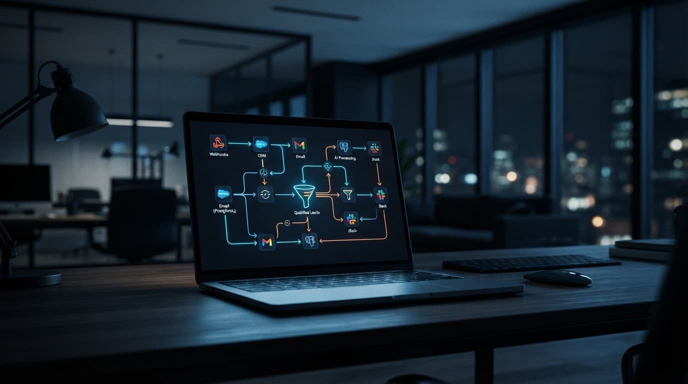 Laptop showing connected data workflows in a minimalist office with blue lighting.
