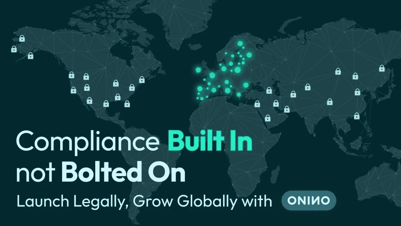 World map with padlock icons and glowing European hub illustrating built-in compliance to launch legally and grow globally — ONINO
