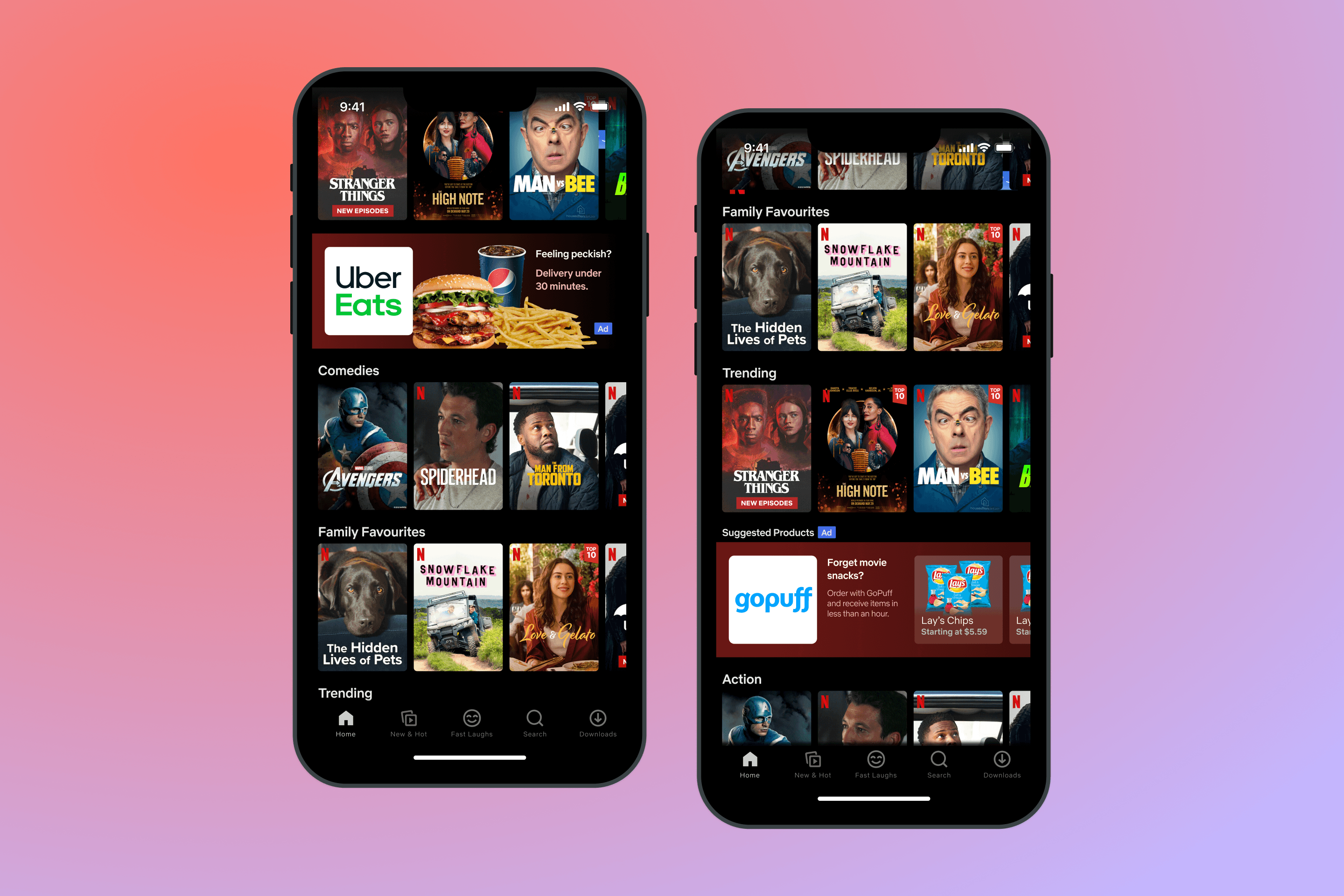 Two screens from a fictional AI mobile app on an orange gradient background