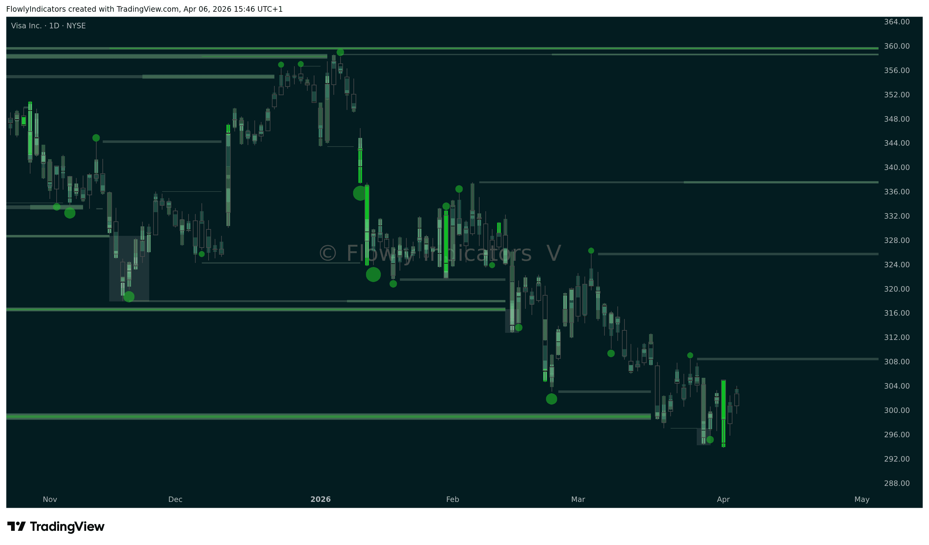 Trading chart of Visa (V) showing recent liquidity levels, liquidations and unusual volume patterns.