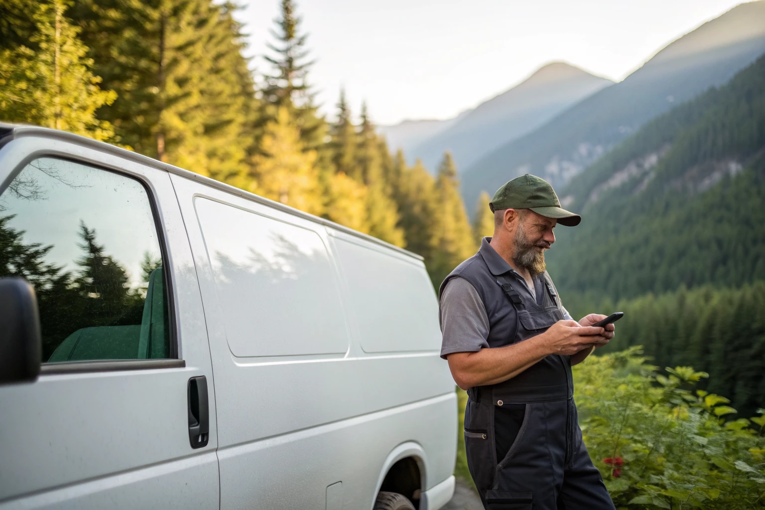 Small trades business owner checking his phone beside his work van with forested Fraser Valley mountains behind