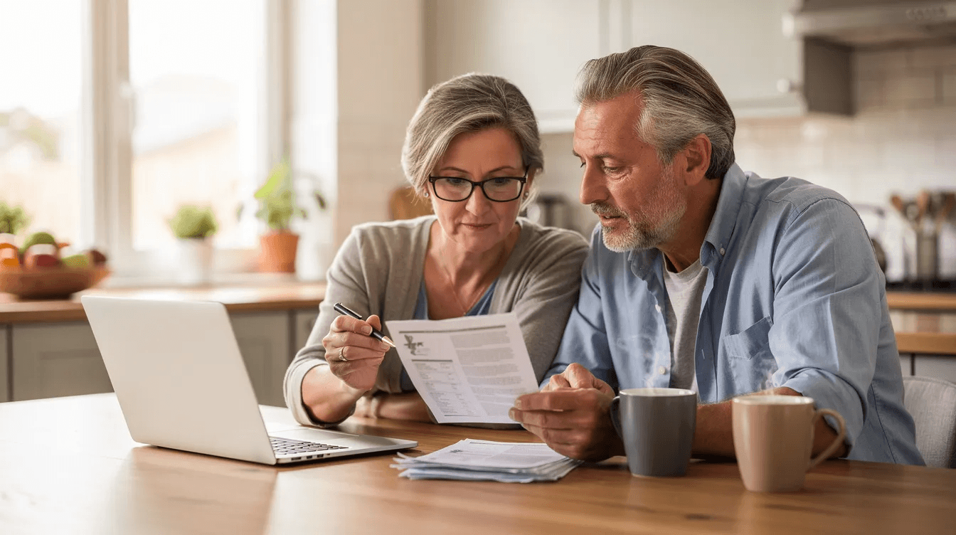 An older couple sits at a kitchen table, reviewing important estate planning documents alongside a laptop and coffee. They appear focused on discussing their estate plan, which may include considerations for beneficiaries, taxes, and legal requirements for managing their wealth effectively.