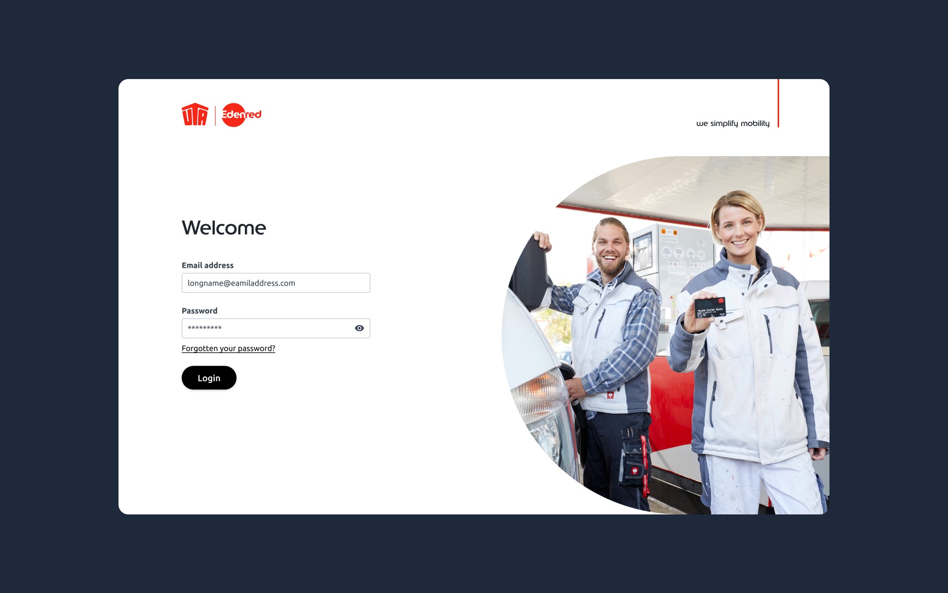 Login screen for UTA Edenred showing email and password fields, a "Forgotten your password?" link, a Login button, and a photo of two workers at a fuel station holding a UTA card.