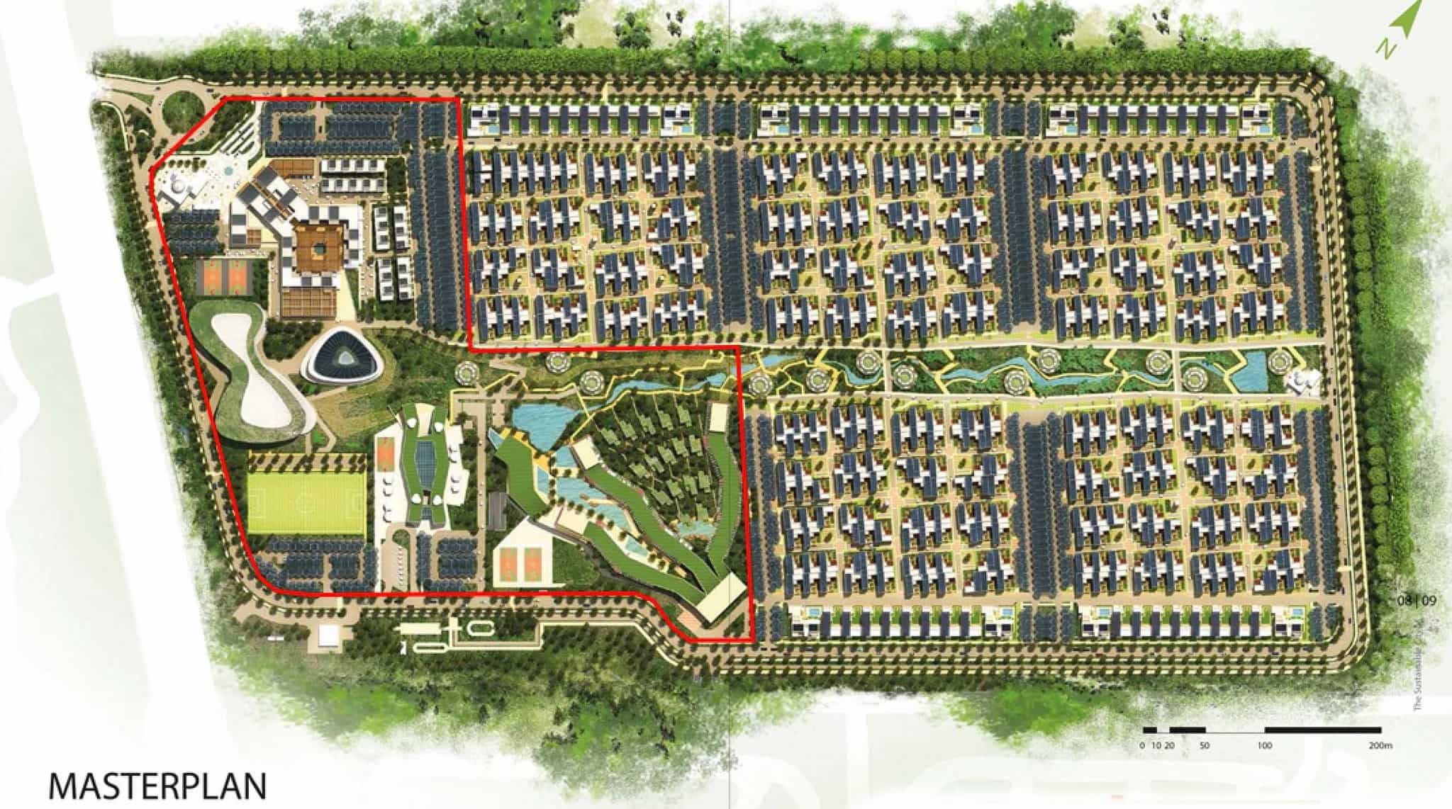 The master plan of The Sustainable City Dubai shows residential clusters, a central park, biodomes, an equestrian centre, and commercial plazas interconnected by shaded walkways and solar-powered transport routes.