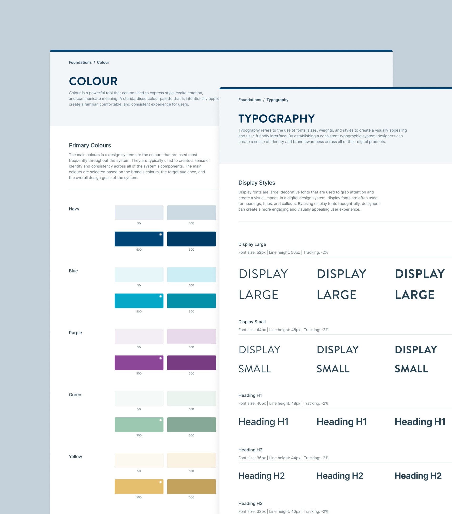 Design system documentation showing Aqua Libra brand colour palette and typographic scale