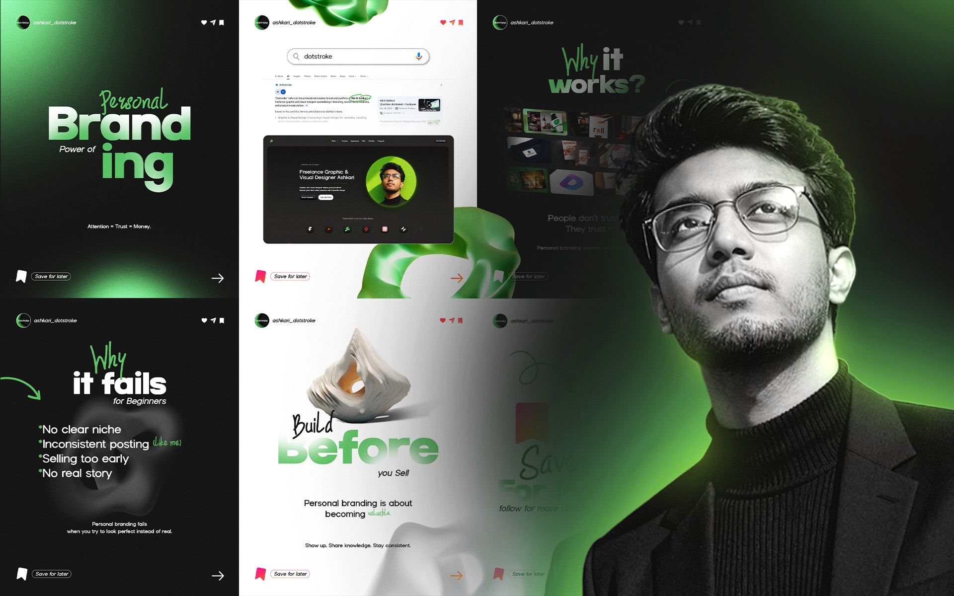 Six-slide personal branding education carousel for graphic designers by dotstroke Al Ashkari, featuring green gradient design system covering brand strategy, common failures, building authentic presence, and designer call-to-action